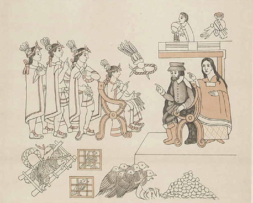 The meeting of Cortés and Montezuma is shown in this image from a Tlaxcalan mural. The mural was completed by 1560, nearly 40 years after the Spanish conquest. Cortés’ interpreter, a Native American woman known as Malinche or Doña Marina, stands behind him.